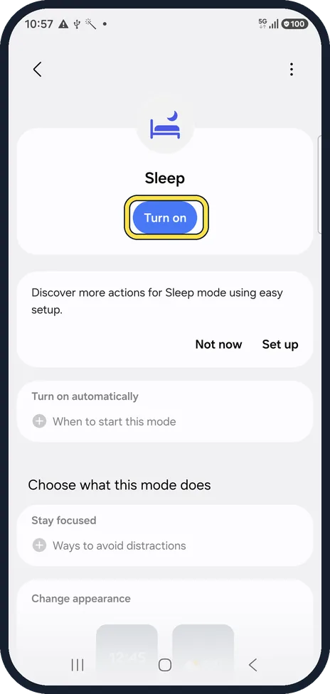 Android screenshot: Tap Sleep, then Turn on