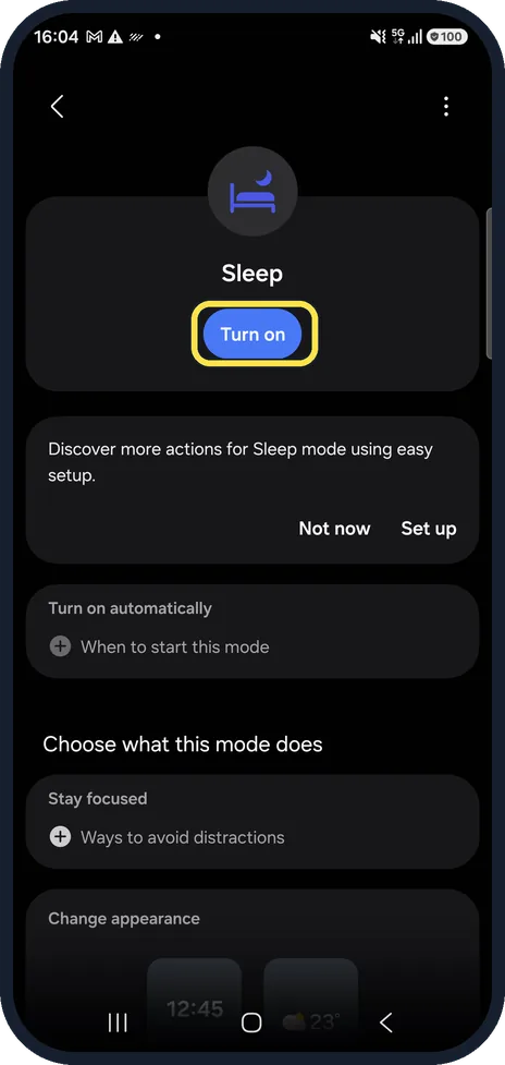 Android screenshot: Tap Sleep, then Turn on