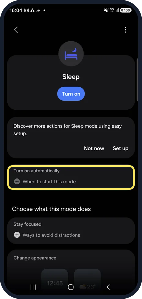 Android screenshot: Set when it starts