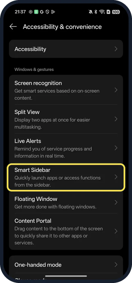 Android screenshot: Tap Smart Sidebar