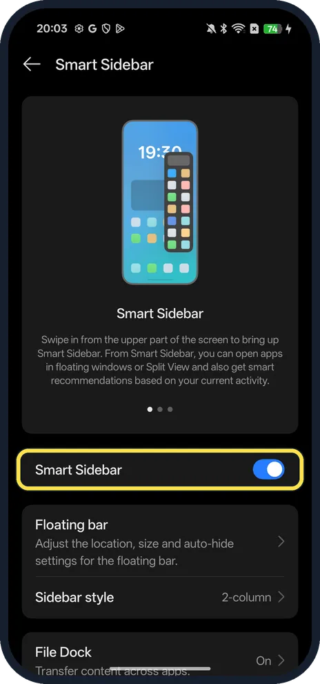 Android screenshot: Turn on Smart Sidebar