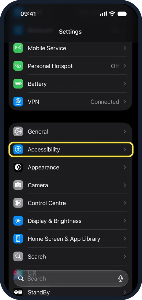 iPhone screen: Open Accessibility