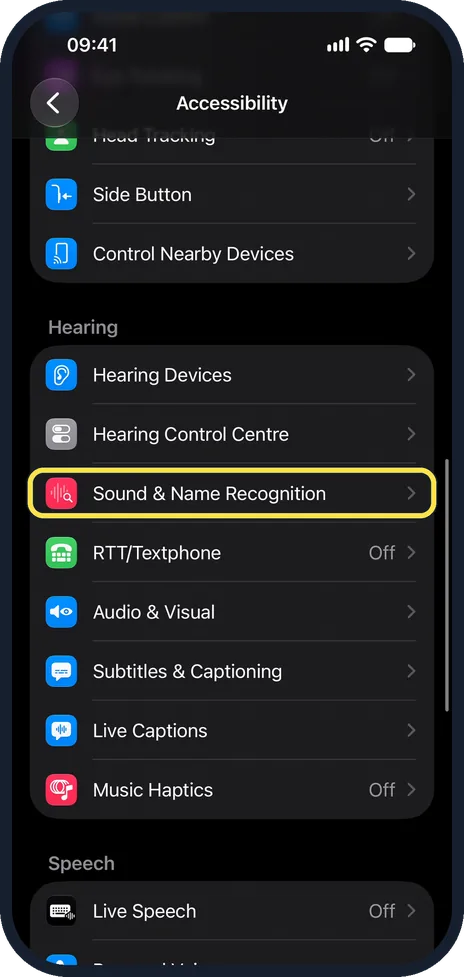 iPhone screen: Tap Sound & Name Recognition