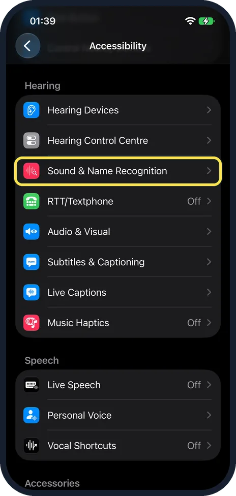 iPhone screen: Tap Sound & Name Recognition