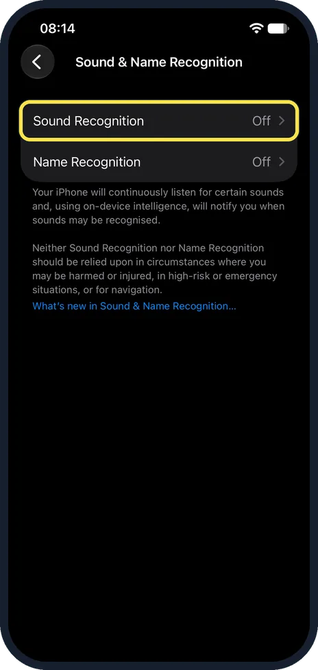 iPhone screen: Tap Sound Recognition