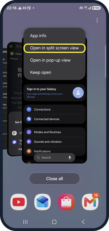 Android screenshot: Open in split screen view