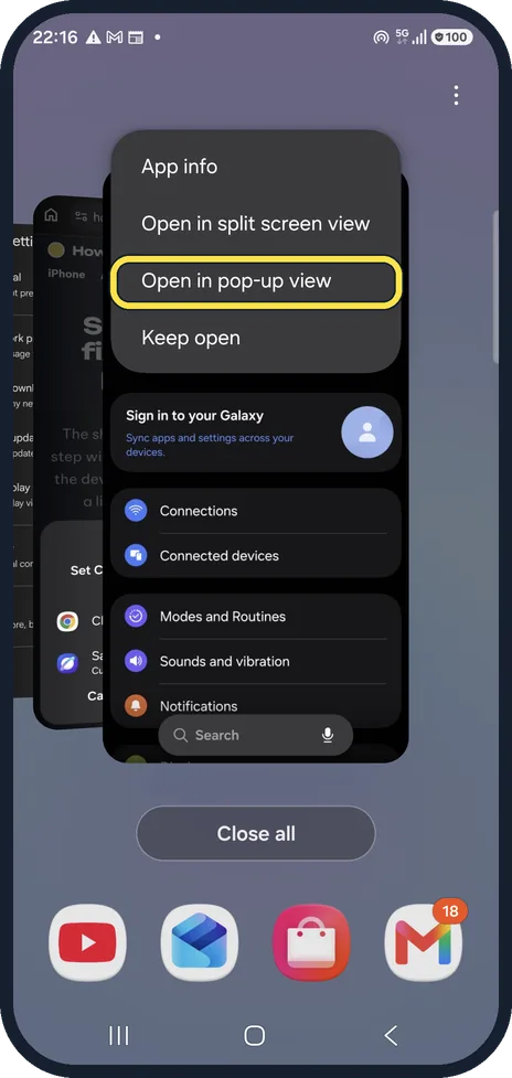 Android screenshot: Or open in pop-up view