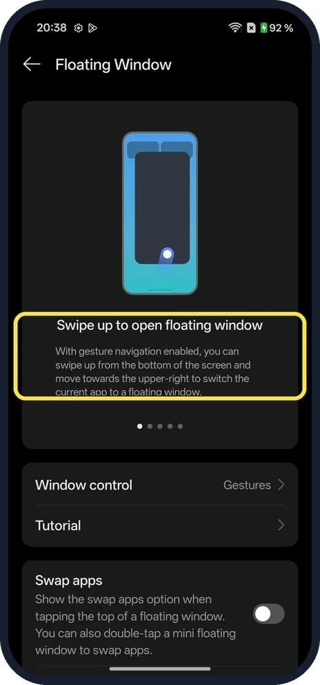 Android screenshot: Learn the floating window swipe