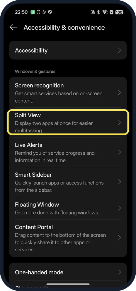 Android screenshot: Tap Split View