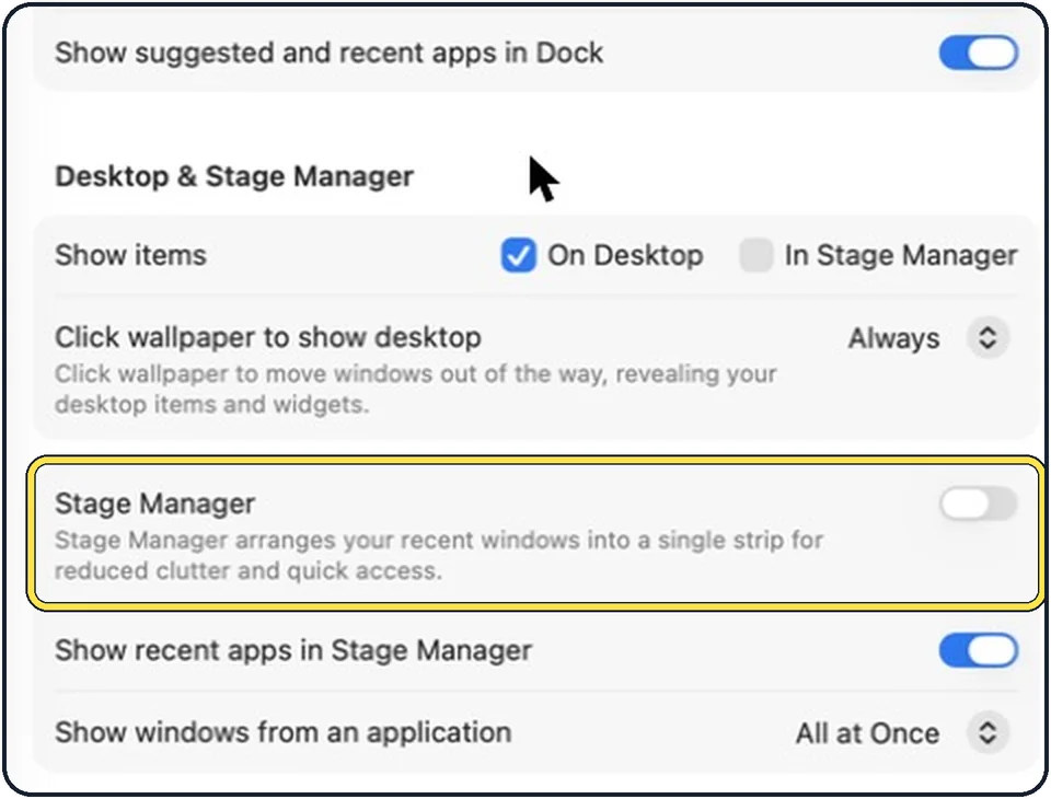 Part of the Mac System Settings window: Turn on Stage Manager