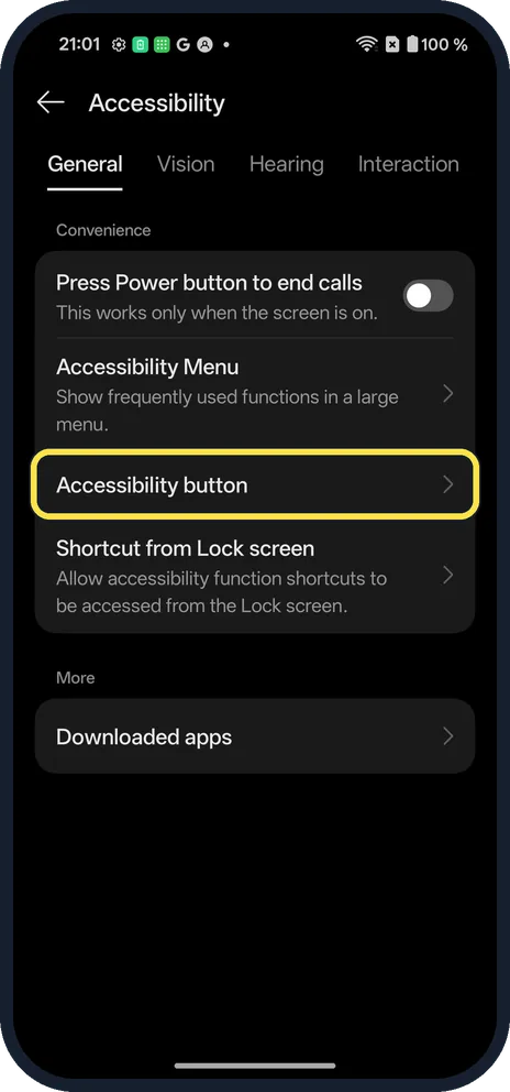 Android screenshot: Open the General tab