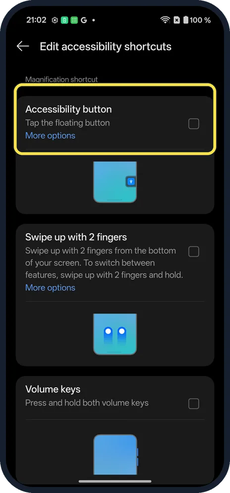 Android screenshot: Tick Accessibility button