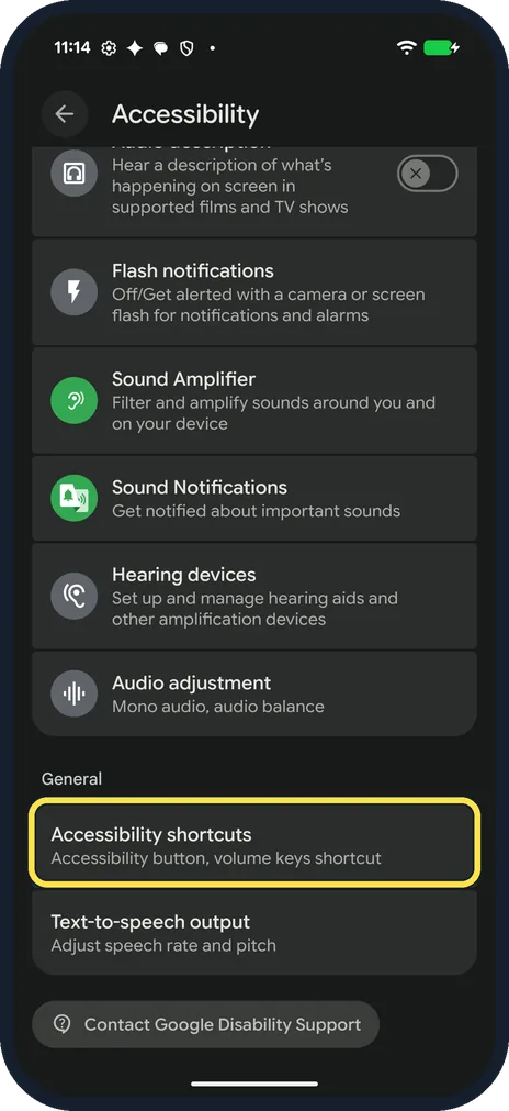 Android screenshot: Find Accessibility shortcuts