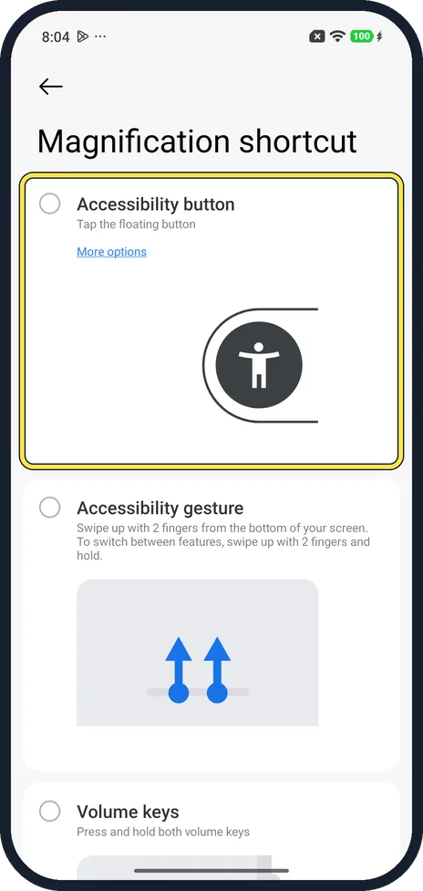 Android screenshot: Choose the button for a feature