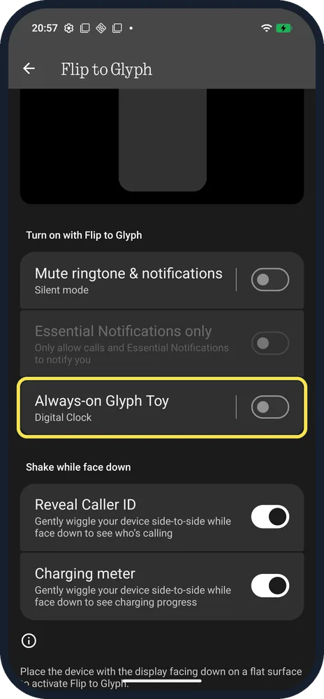 Android screenshot: Tap Always-on Glyph Toy