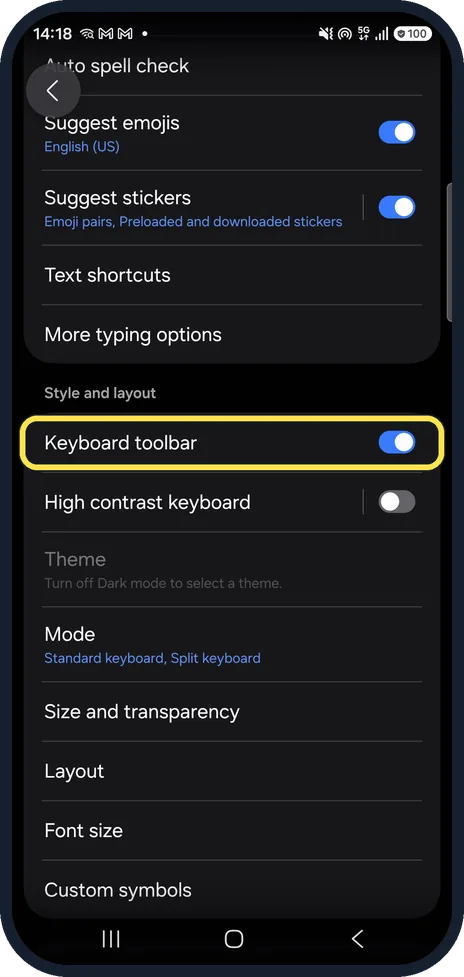 Android screenshot: No toolbar? Switch it on