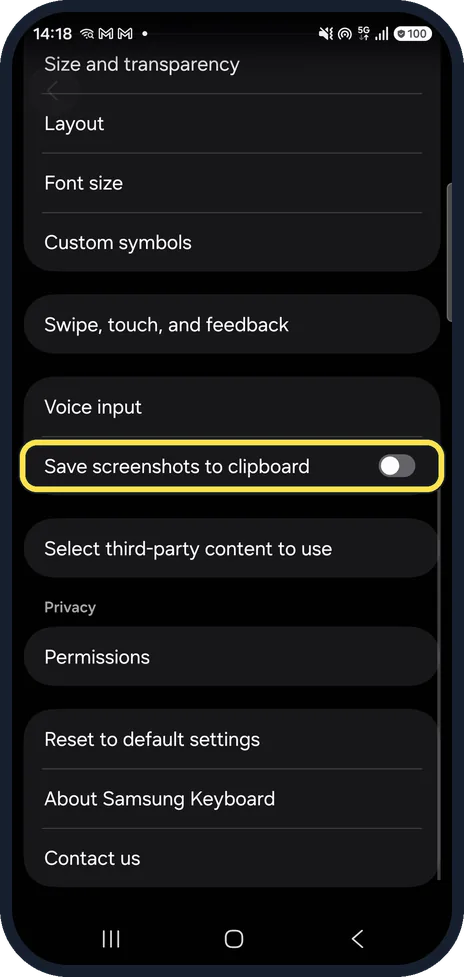 Android screenshot: Screenshots to the clipboard