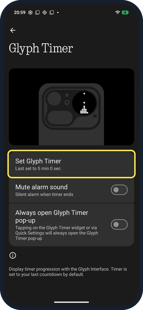 Android screenshot: Tap Set Glyph Timer
