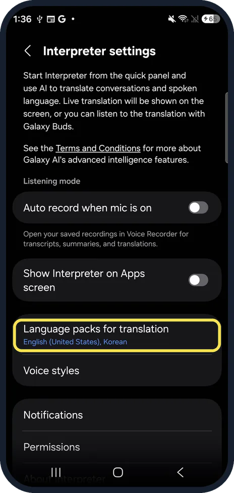 Android screenshot: Check the language packs