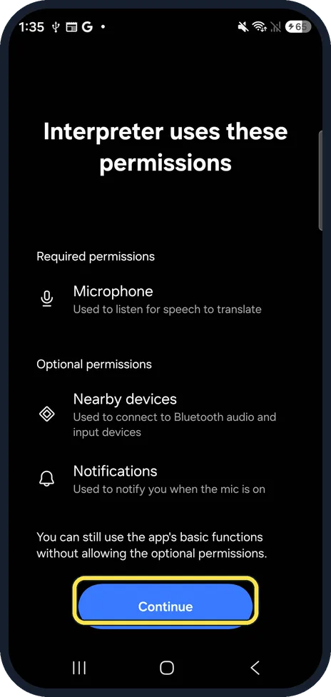 Android screenshot: Tap Continue