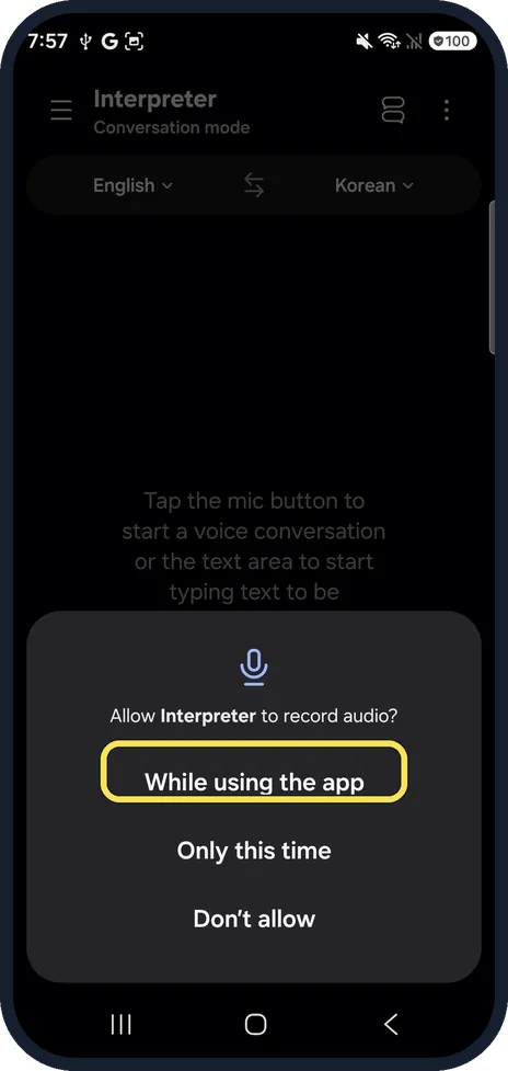Android screenshot: Allow the microphone