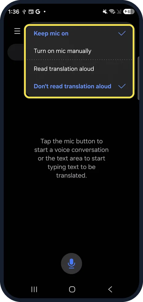 Android screenshot: Choose how the mic and voice behave