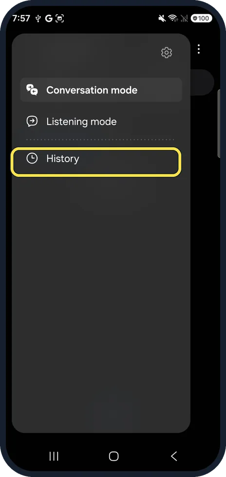 Android screenshot: Open History