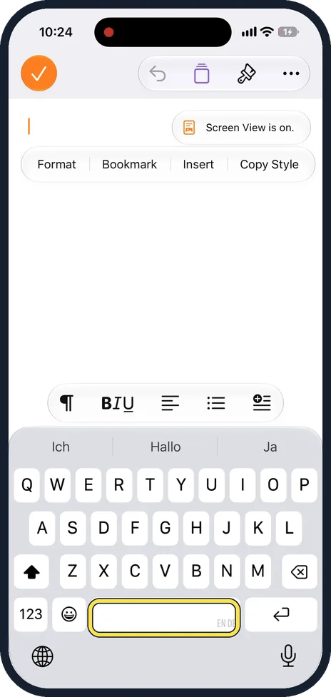 iPhone screen: Touch and hold the space bar