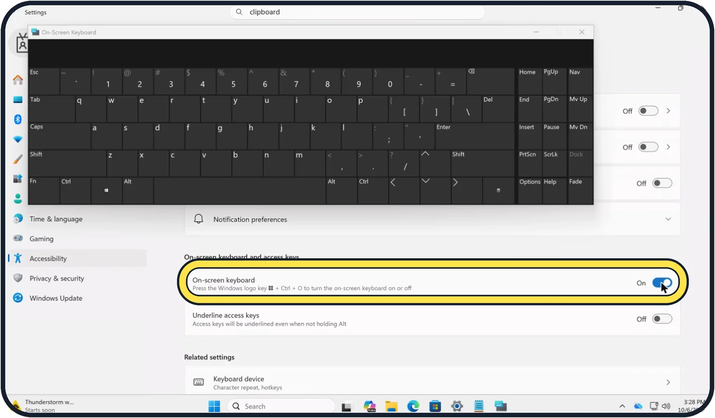Windows screenshot: Or switch it on in Settings