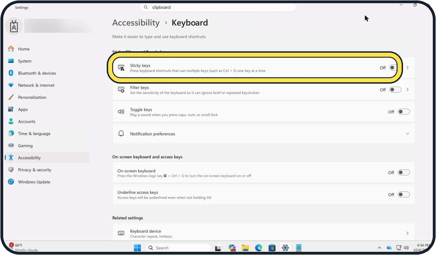 Windows screenshot: Use Sticky keys with a real keyboard