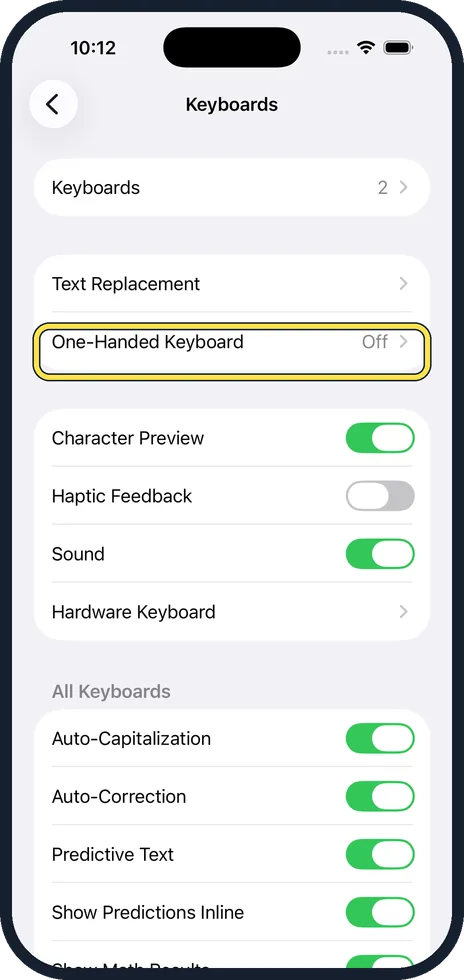 iPhone screen: Tap One-Handed Keyboard