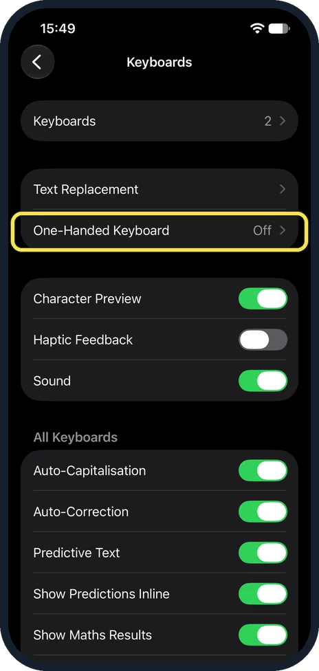 iPhone screen: Tap One-Handed Keyboard