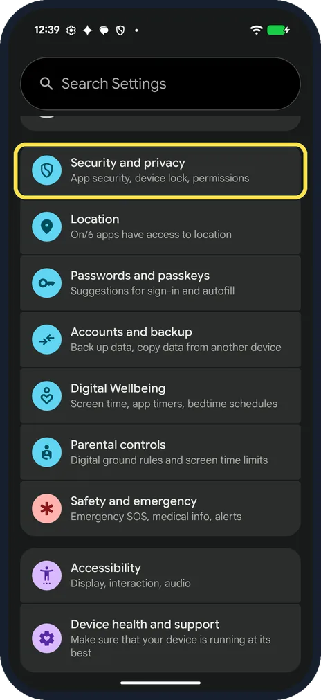 Android screenshot: Open Security and privacy