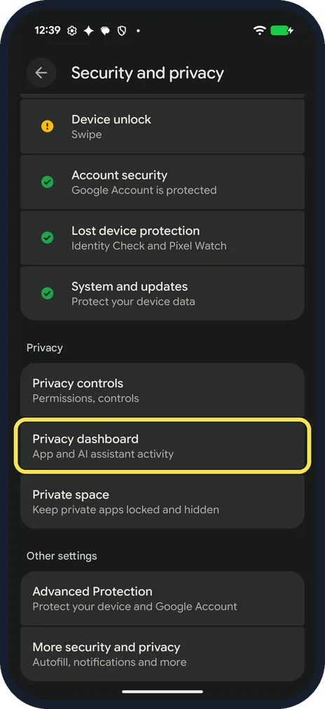 Android screenshot: Tap Privacy dashboard