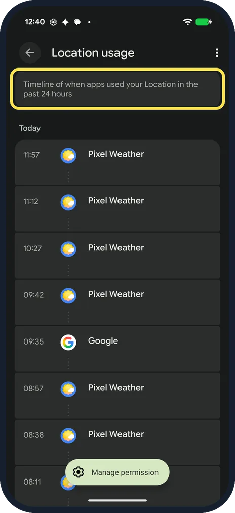 Android screenshot: Tap Location for the timeline