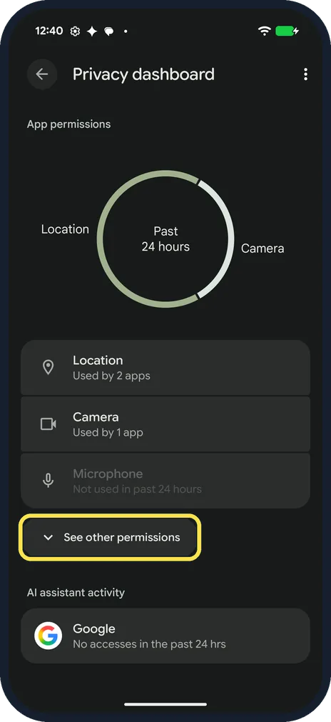 Android screenshot: See other permissions