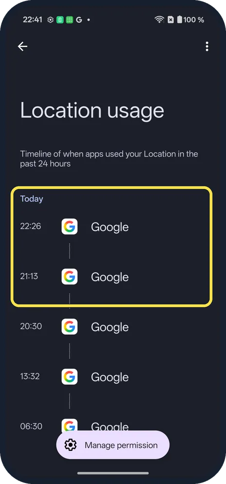 Android screenshot: Check the timeline
