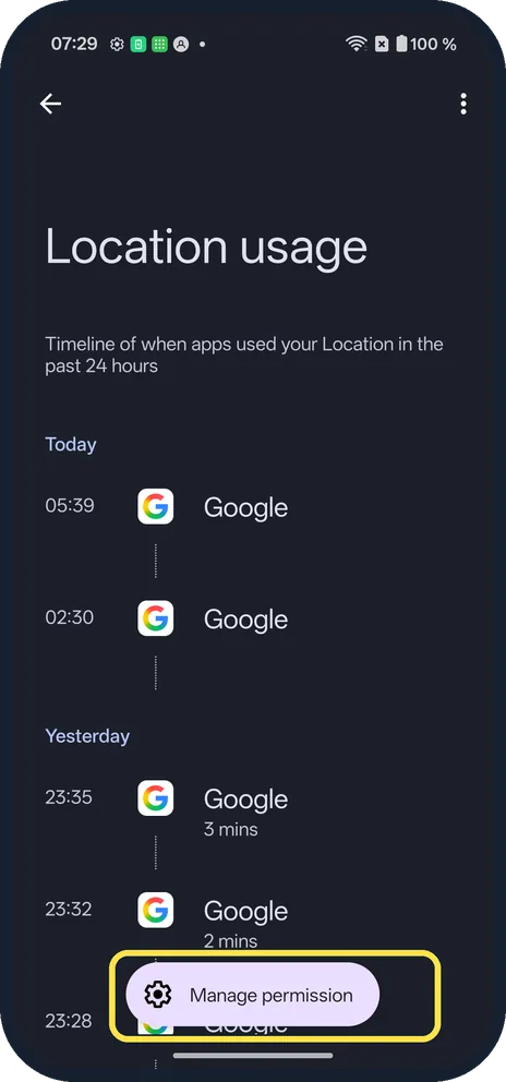 Android screenshot: Tap Manage permission