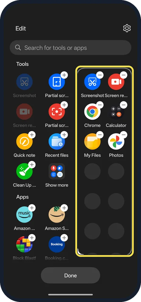 Android screenshot: Add or remove tools and apps