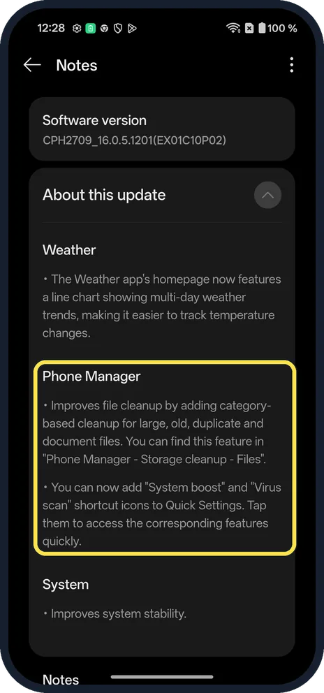Android screenshot: Check the update notes
