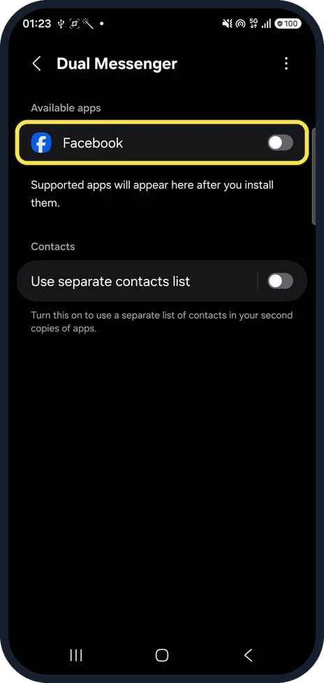 Android screenshot: Turn on the app
