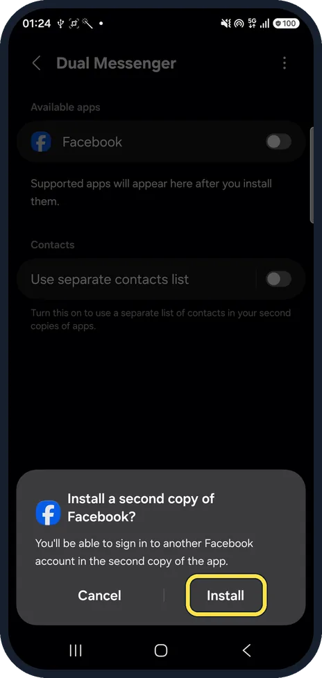 Android screenshot: Tap Install