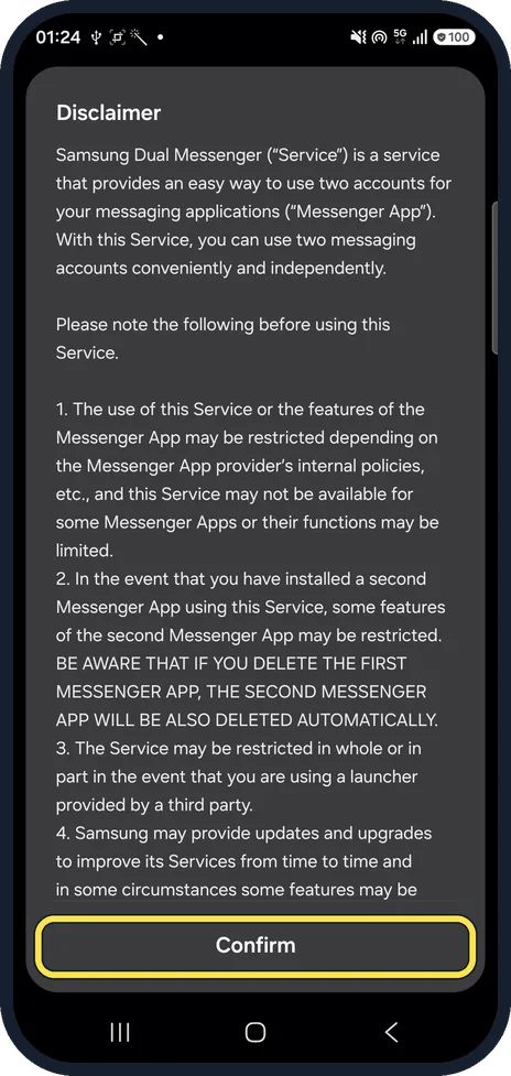 Android screenshot: Confirm the disclaimer