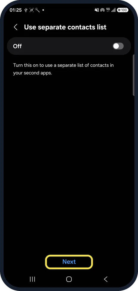 Android screenshot: Choose a contacts list