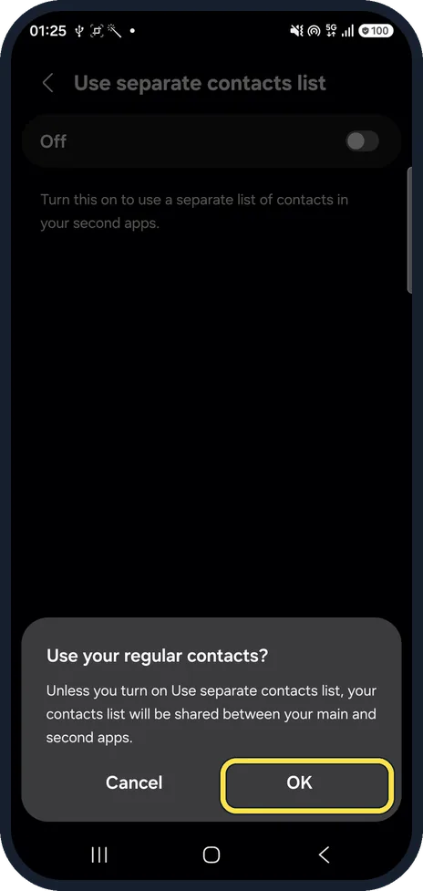 Android screenshot: Tap OK