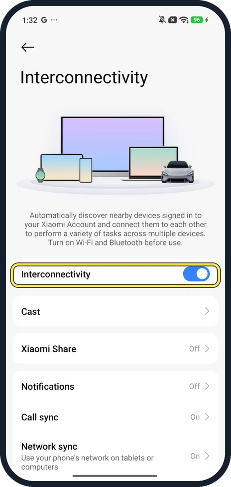 Android screenshot: Turn on Interconnectivity