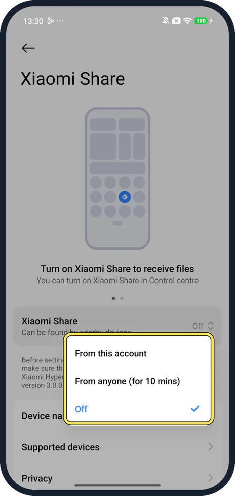 Android screenshot: Choose who can send to you
