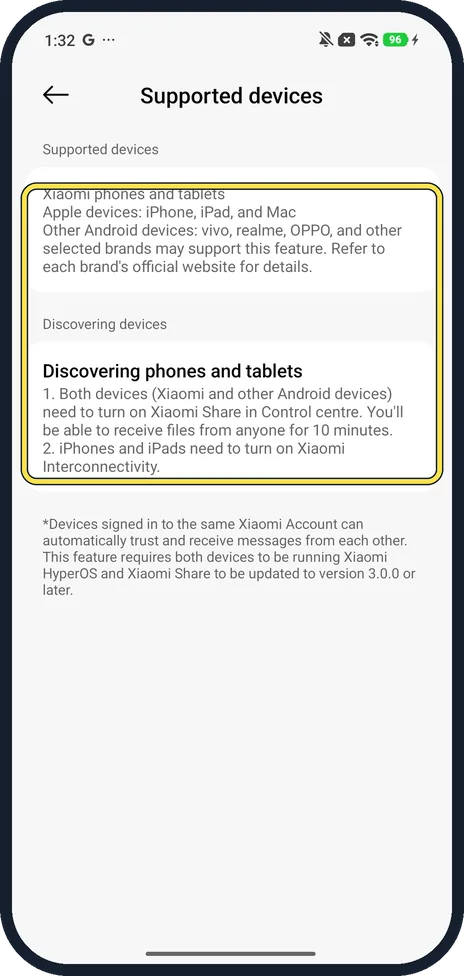 Android screenshot: Check the other device is supported