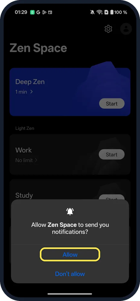 Android screenshot: Allow notifications