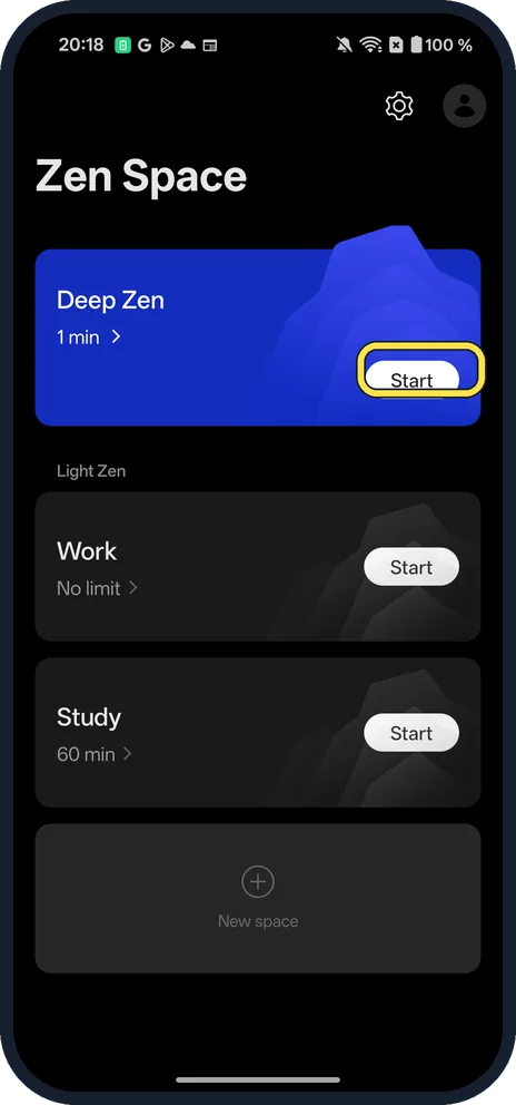 Android screenshot: Tap Start